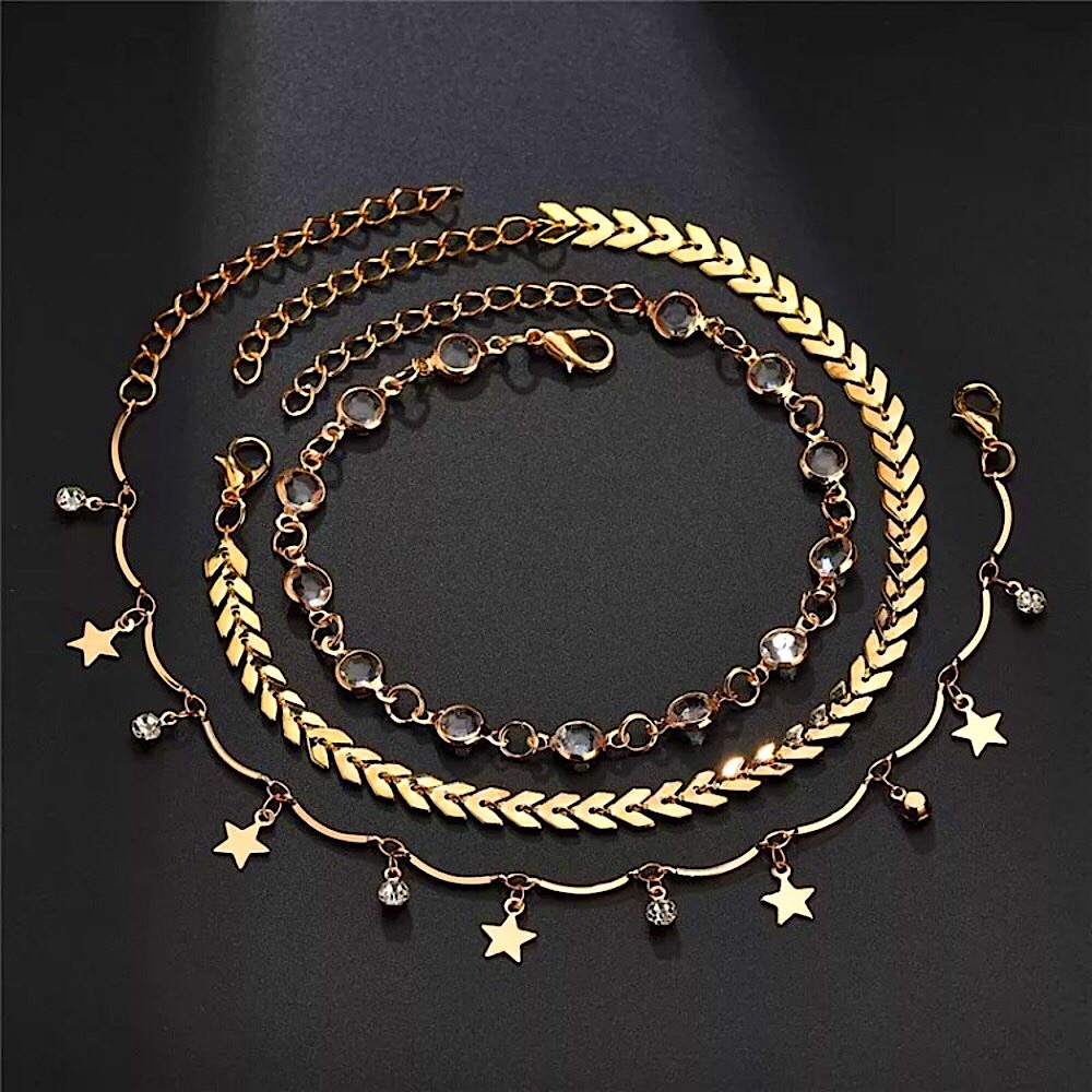 ⚜️𝟯𝟬%𝗢𝗙𝗙 𝗯𝘂𝗻𝗱𝗹𝗲𝘀 𝟯+⚜️ NEW 3 Layered Golden Fish Bone Anklet Set - Picture 3 of 8